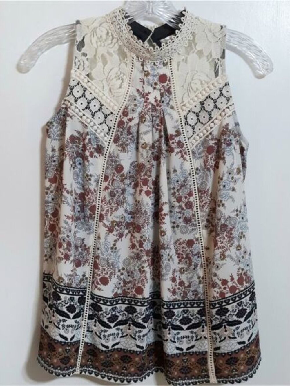 High neck tank blouse XS boho festival lace keyhole back flowy floral feminine